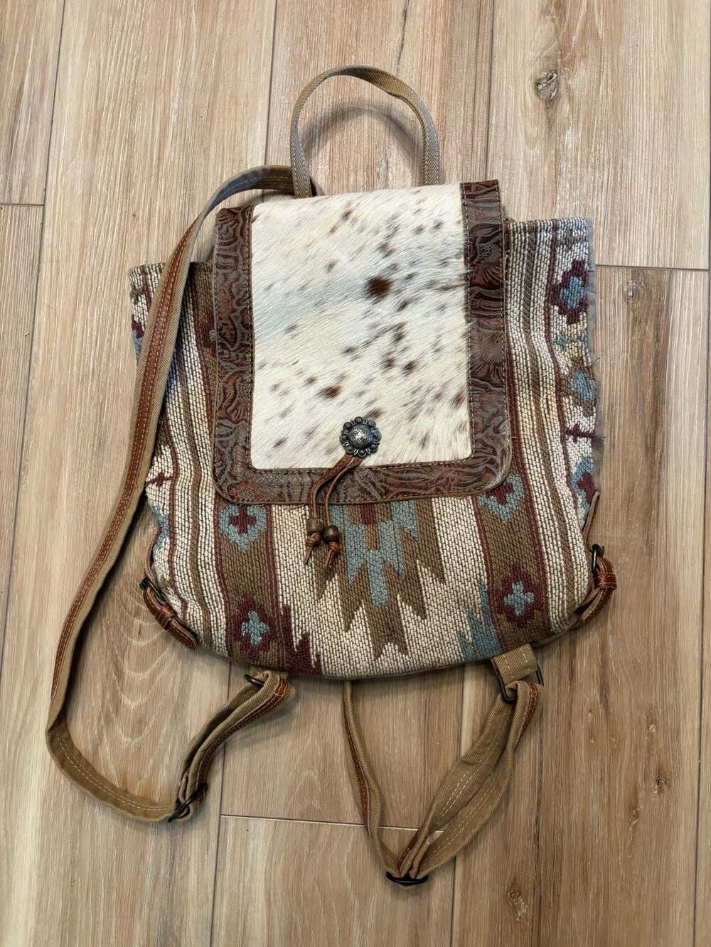 Myra Bag Oriental Rug Upcycled Canvas and Cowhide Backpack